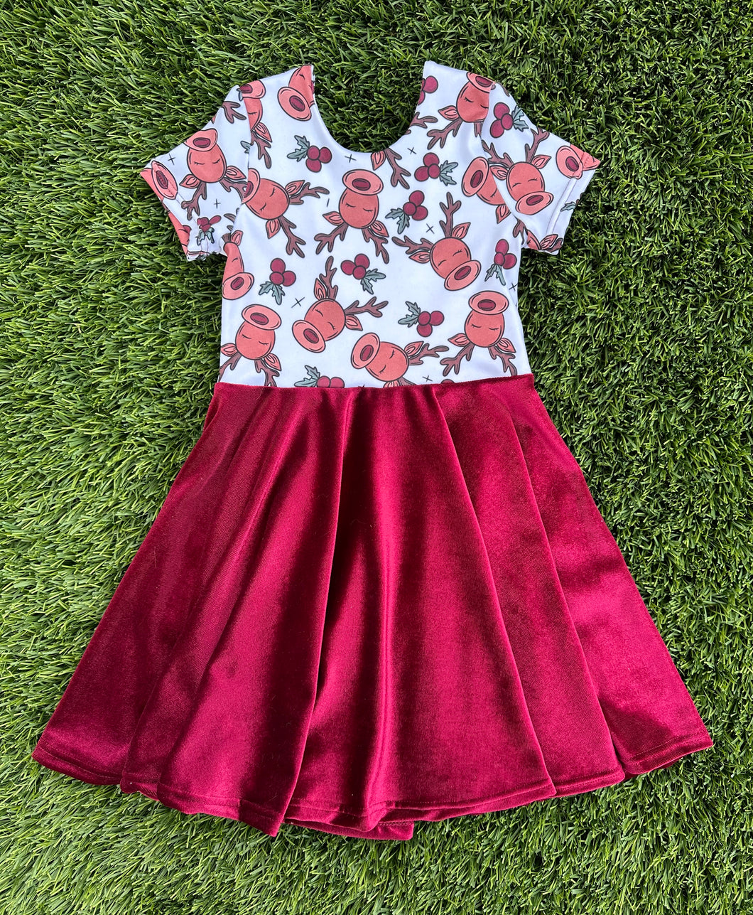 White Reindeer/ Maroon Velvet Leo Dress