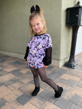 Load image into Gallery viewer, 2T Purple Ghost Sweater Romper w/ Black Mesh Sleeves
